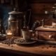 rustic table holds antique coffee grinder close up generated